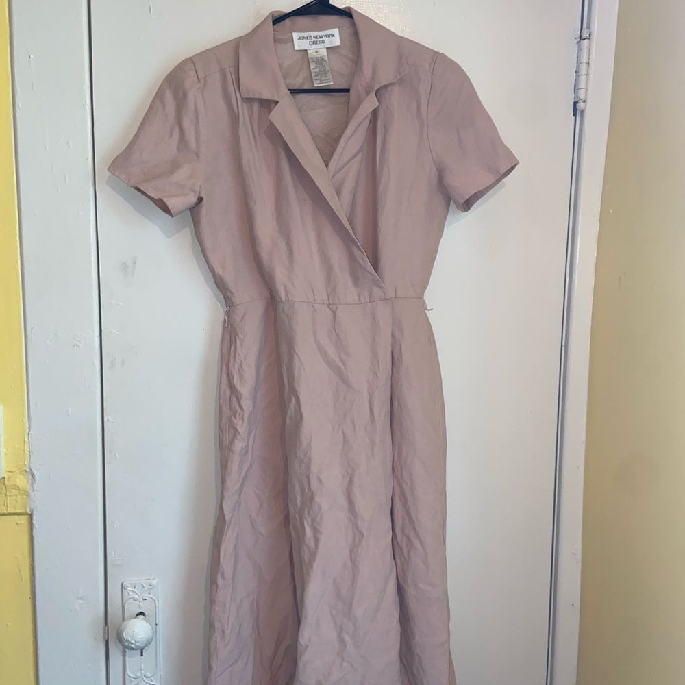 Jones New York Vintage Silk Linen Dress Size 6 Pink Midi Shoulder Pads